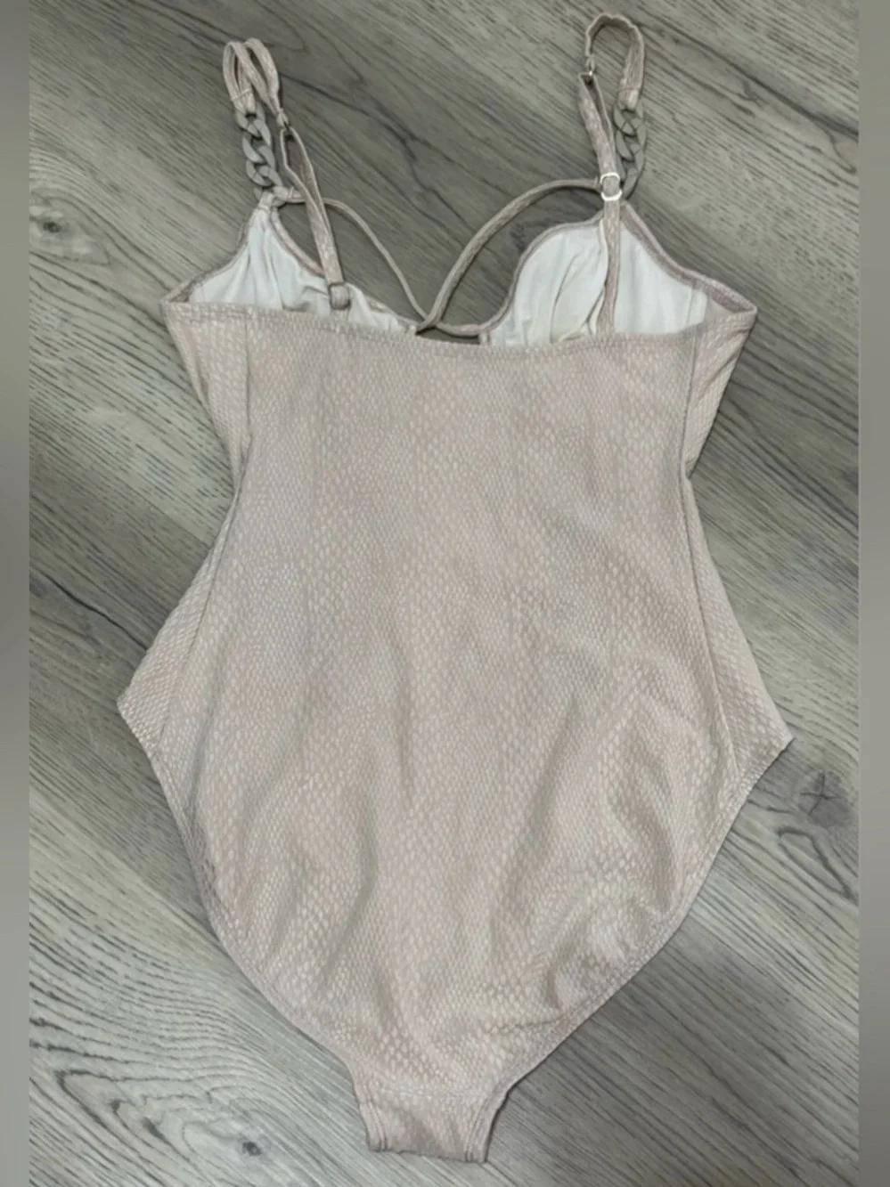 Robin Piccone Blush Beige Plunge Underwire OnePiece Chain Strap Swimsuit 12 $228